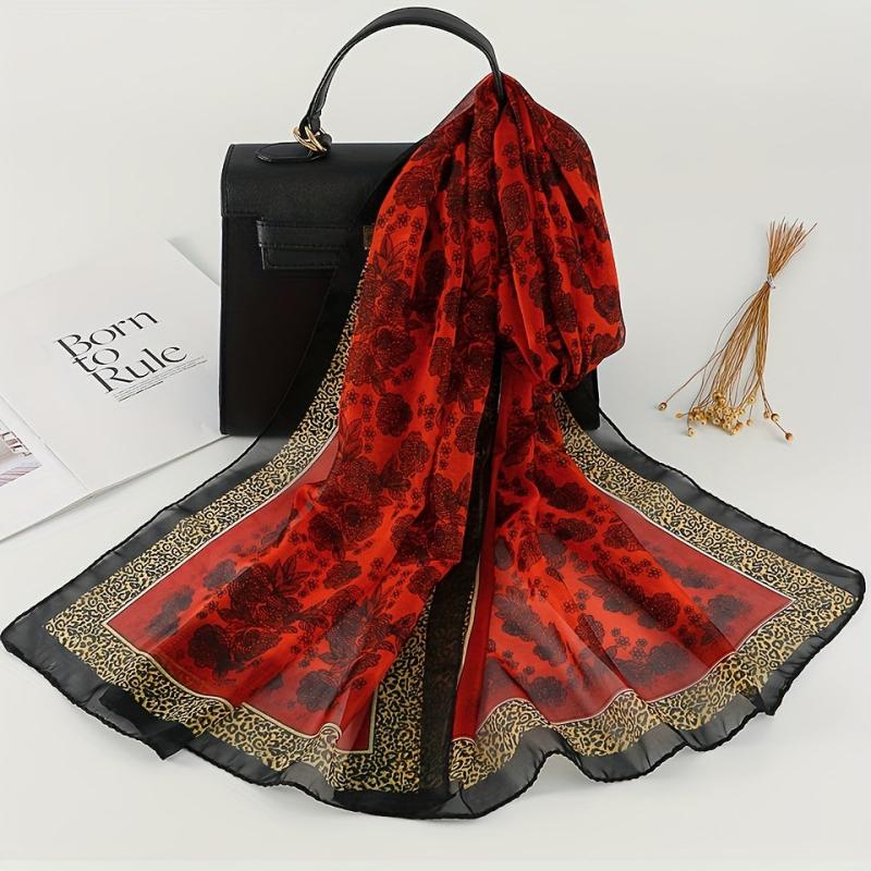 Satin Leopard Bohemia Scarf Vintage Flower Print Shawl Head Wrap