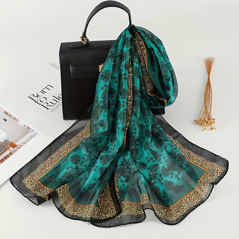 Satin Leopard Bohemia Scarf Vintage Flower Print Shawl Head Wrap