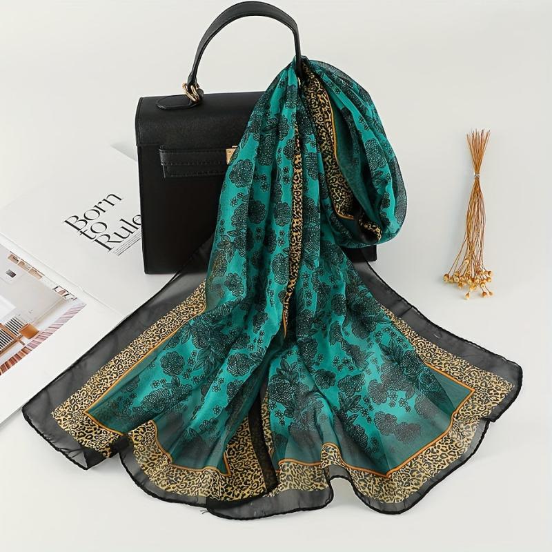 Satin Leopard Bohemia Scarf Vintage Flower Print Shawl Head Wrap