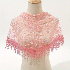 Floral Embroidery Triangle Scarf Lace Tassel Head Wrap