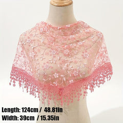 Floral Embroidery Triangle Scarf Lace Tassel Head Wrap