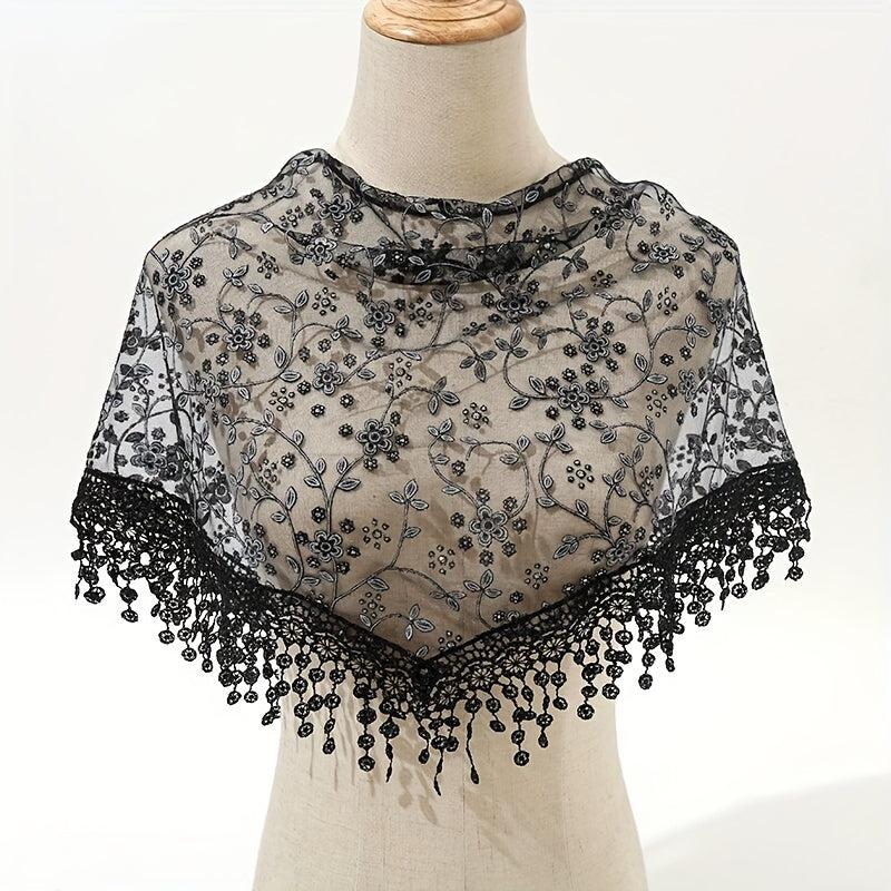 Floral Embroidery Triangle Scarf Lace Tassel Head Wrap
