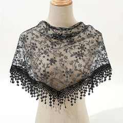 Floral Embroidery Triangle Scarf Lace Tassel Head Wrap