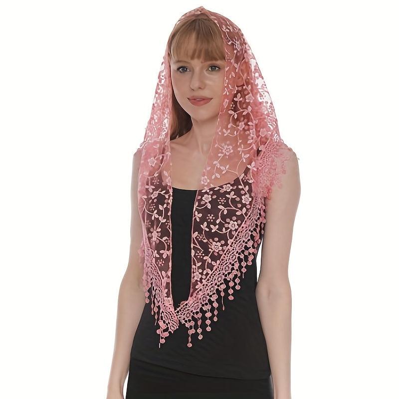 Floral Embroidery Triangle Scarf Lace Tassel Head Wrap