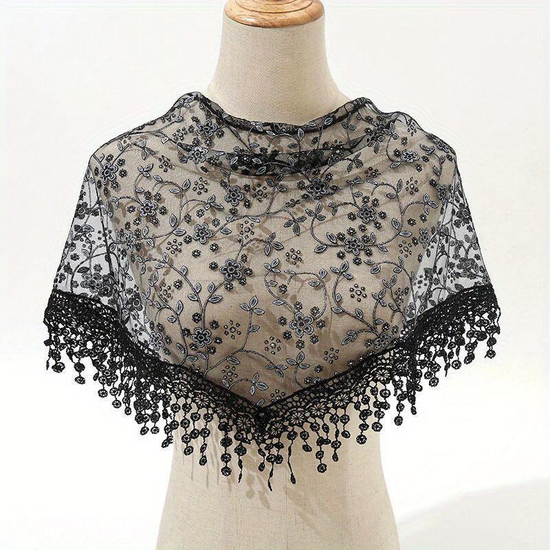 Floral Embroidery Triangle Scarf Lace Tassel Head Wrap