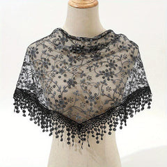 Floral Embroidery Triangle Scarf Lace Tassel Head Wrap