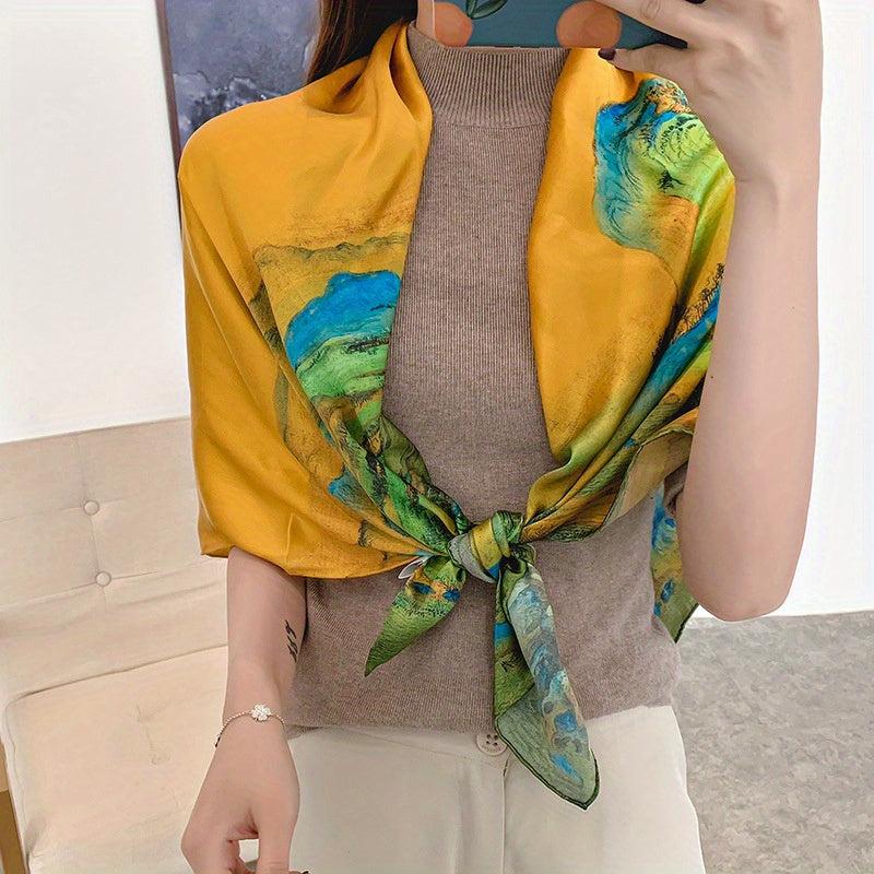 Vintage Branch Window Print Bandana Square Scarf Satin Shawl