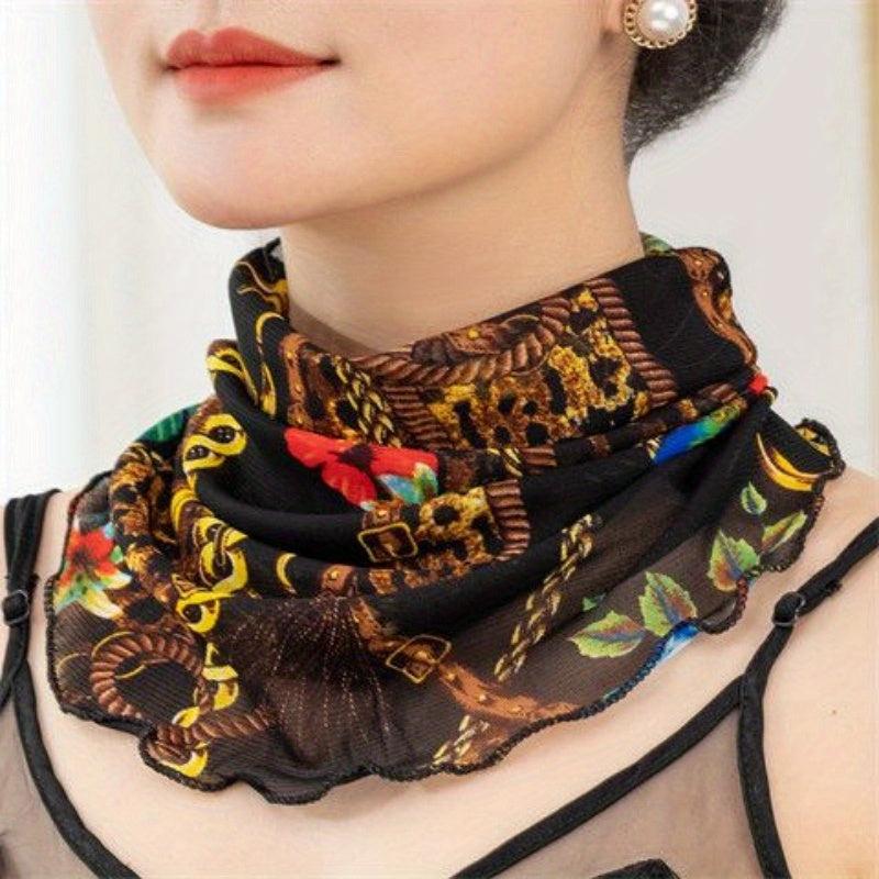 Leopard Ruffle Neck Scarf Thin Vintage Print Gauze Infinity Scarf Women
