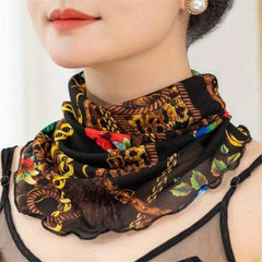 Leopard Ruffle Neck Scarf Thin Vintage Print Gauze Infinity Scarf Women