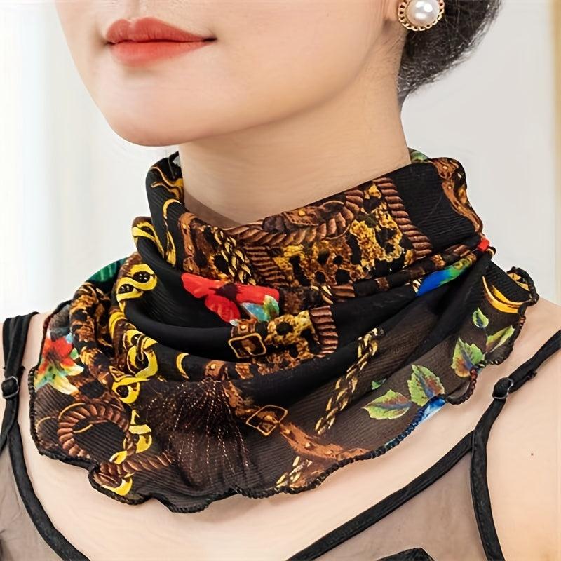 Leopard Ruffle Neck Scarf Thin Vintage Print Gauze Infinity Scarf Women
