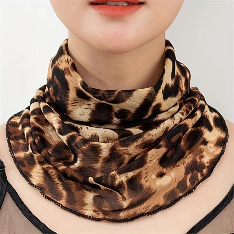Leopard Ruffle Neck Scarf Thin Vintage Print Gauze Infinity Scarf Women