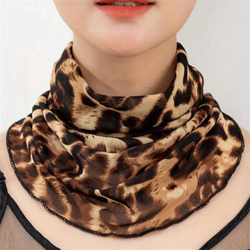 Leopard Ruffle Neck Scarf Thin Vintage Print Gauze Infinity Scarf Women