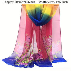 Flower Print Chiffon Scarf Iridescent Gradient Silk Thin Shawl