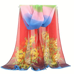 Flower Print Chiffon Scarf Iridescent Gradient Silk Thin Shawl