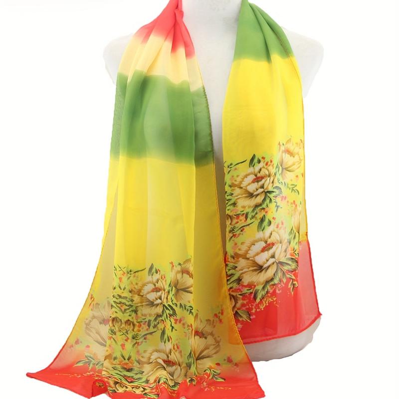 Flower Print Chiffon Scarf Iridescent Gradient Silk Thin Shawl