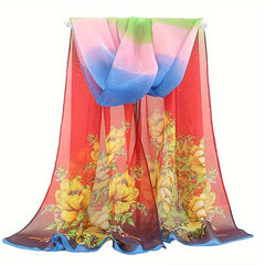 Flower Print Chiffon Scarf Iridescent Gradient Silk Thin Shawl
