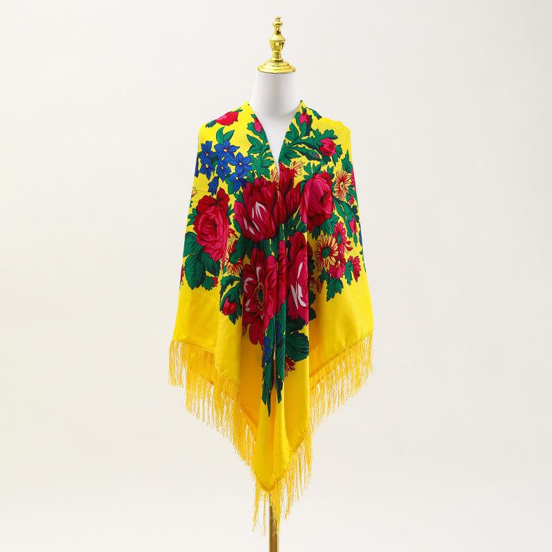 Boho Tassel Shawl Classic Flower Print Square Scarf Vintage Wraps for Women
