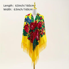 Boho Tassel Shawl Classic Flower Print Square Scarf Vintage Wraps for Women