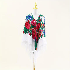 Boho Tassel Shawl Classic Flower Print Square Scarf Vintage Wraps for Women