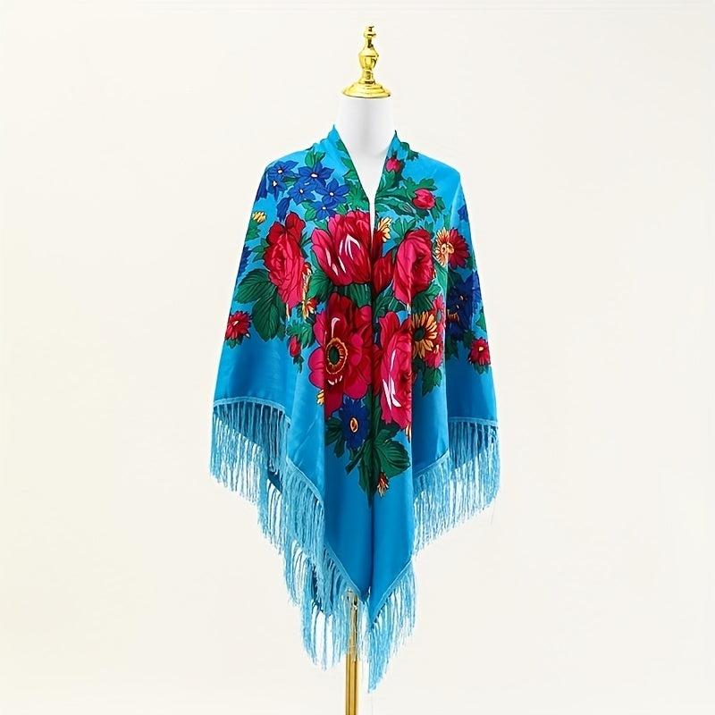 Boho Tassel Shawl Classic Flower Print Square Scarf Vintage Wraps for Women