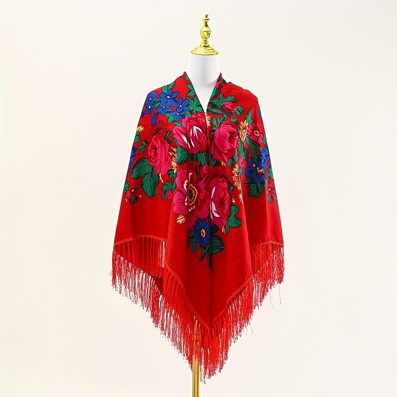 Boho Tassel Shawl Classic Flower Print Square Scarf Vintage Wraps for Women