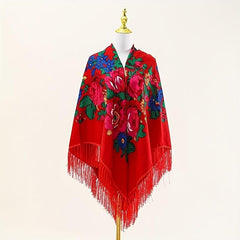 Boho Tassel Shawl Classic Flower Print Square Scarf Vintage Wraps for Women