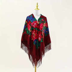 Boho Tassel Shawl Classic Flower Print Square Scarf Vintage Wraps for Women
