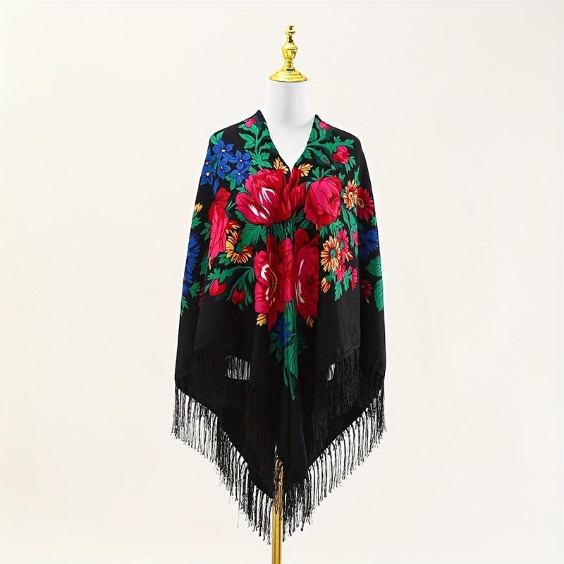 Boho Tassel Shawl Classic Flower Print Square Scarf Vintage Wraps for Women