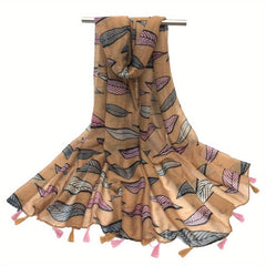 Leaf Print Tassel Scarf Sunproof Shawl