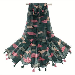 Leaf Print Tassel Scarf Sunproof Shawl