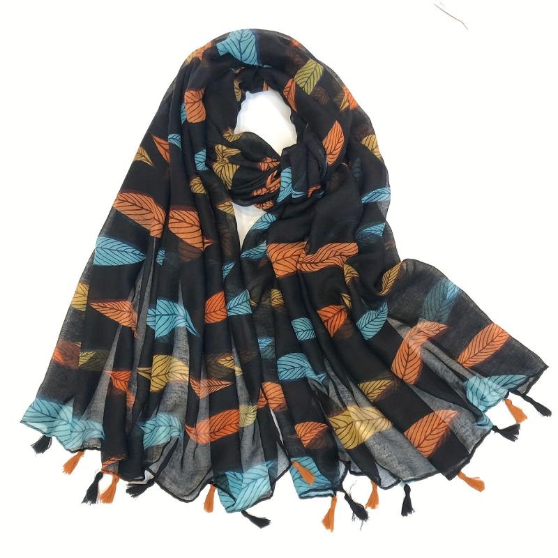 Leaf Print Tassel Scarf Sunproof Shawl