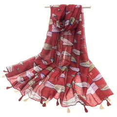 Leaf Print Tassel Scarf Sunproof Shawl
