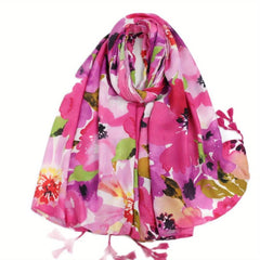 Red Flower Print Tassel Scarf Boho Shawl Casual Windproof Head Wrap
