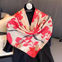 Flower Print Square Scarf Silk Shawl Women Head Wrap Satin Sunscreen