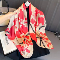 Flower Print Square Scarf Silk Shawl Women Head Wrap Satin Sunscreen