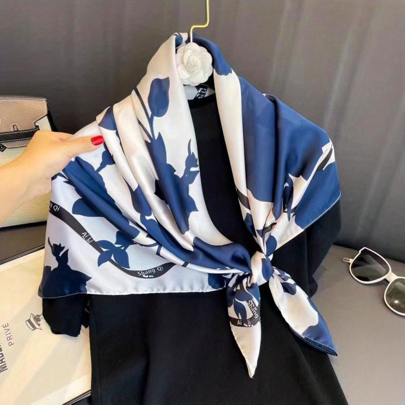 Flower Print Square Scarf Silk Shawl Women Head Wrap Satin Sunscreen