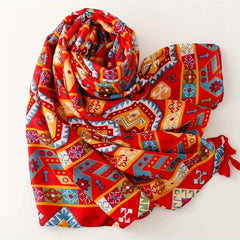 Red Geometric Print Tassel Scarf Boho Shawl Head Wrap Women