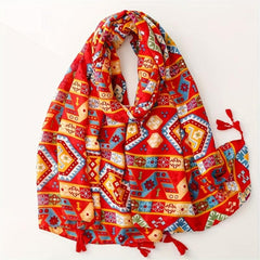 Red Geometric Print Tassel Scarf Boho Shawl Head Wrap Women