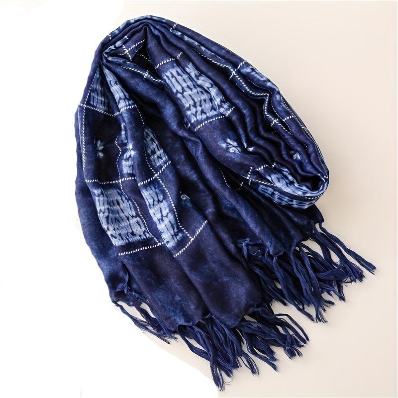 Geometric Print Scarf Vintage Tie Dyed Tassel Shawl Boho Windproof Head Wrap