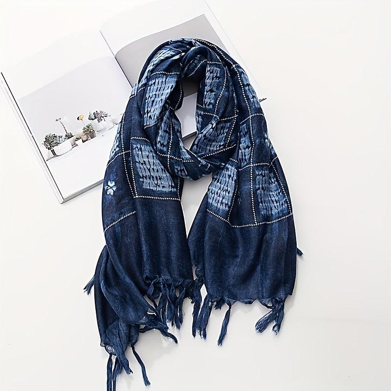 Geometric Print Scarf Vintage Tie Dyed Tassel Shawl Boho Windproof Head Wrap