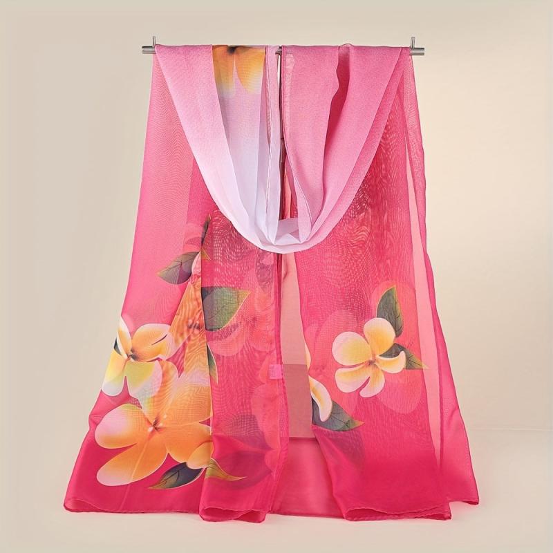 Flower Print Chiffon Scarf Long Shawl Gradient Windproof Headwrap