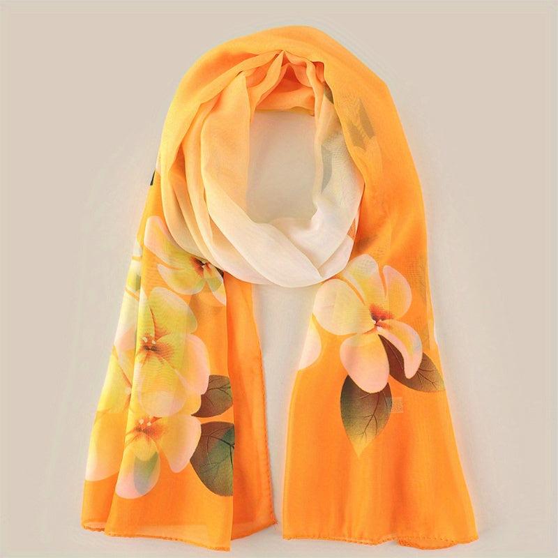 Flower Print Chiffon Scarf Long Shawl Gradient Windproof Headwrap