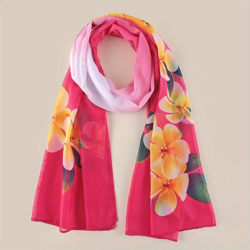 Flower Print Chiffon Scarf Long Shawl Gradient Windproof Headwrap