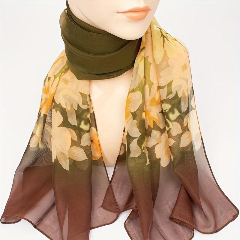 Vintage Flower Print Casual Scarf Dark Green Golden Gradient Gauze Shawl