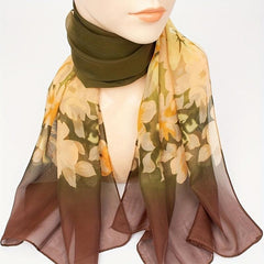 Vintage Flower Print Casual Scarf Dark Green Golden Gradient Gauze Shawl