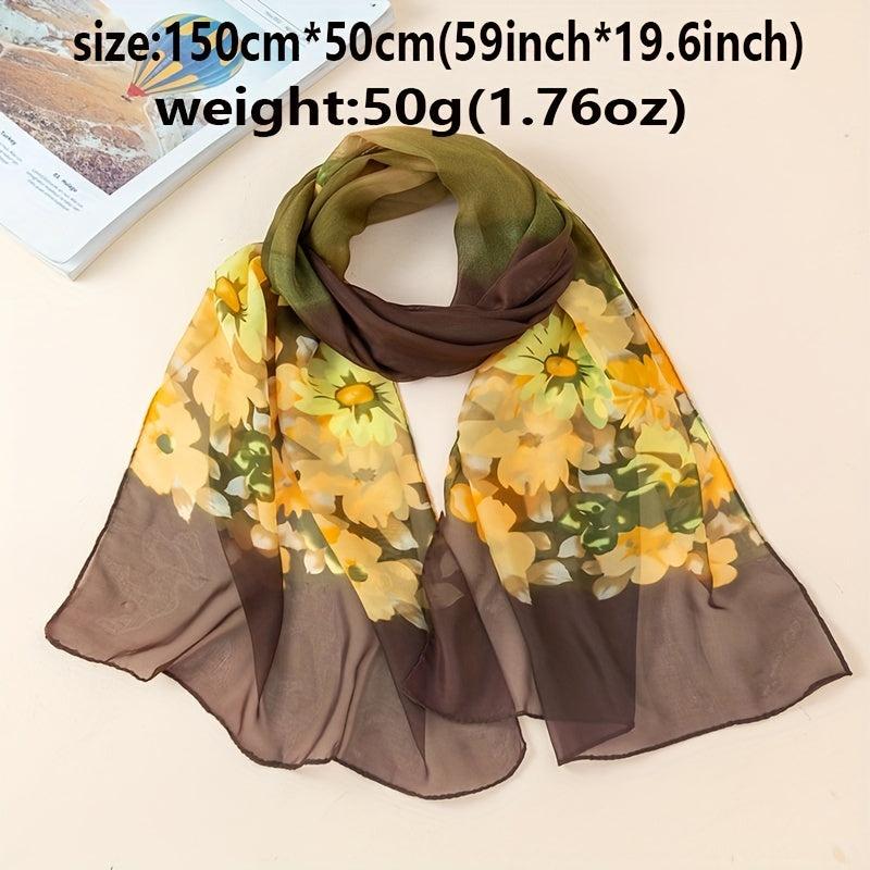 Vintage Flower Print Casual Scarf Dark Green Golden Gradient Gauze Shawl