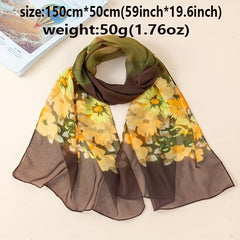 Vintage Flower Print Casual Scarf Dark Green Golden Gradient Gauze Shawl