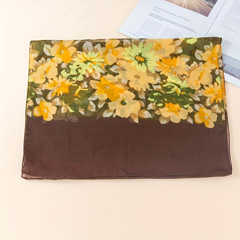 Vintage Flower Print Casual Scarf Dark Green Golden Gradient Gauze Shawl