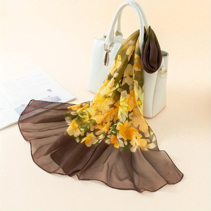 Vintage Flower Print Casual Scarf Dark Green Golden Gradient Gauze Shawl