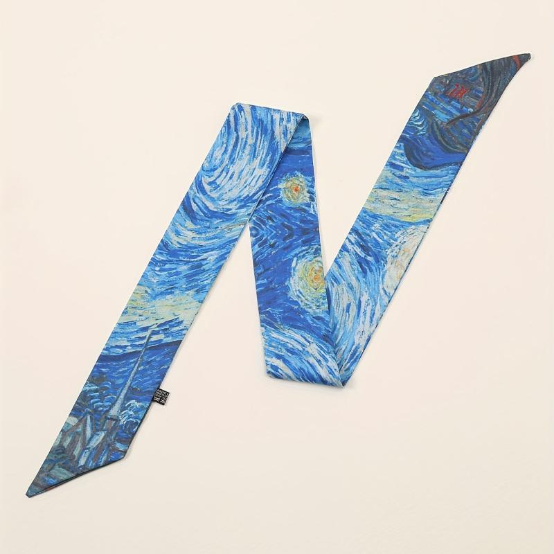 Oil Painting Print Skinny Scarf Satin Hair Ribbon Silk Neckerchief